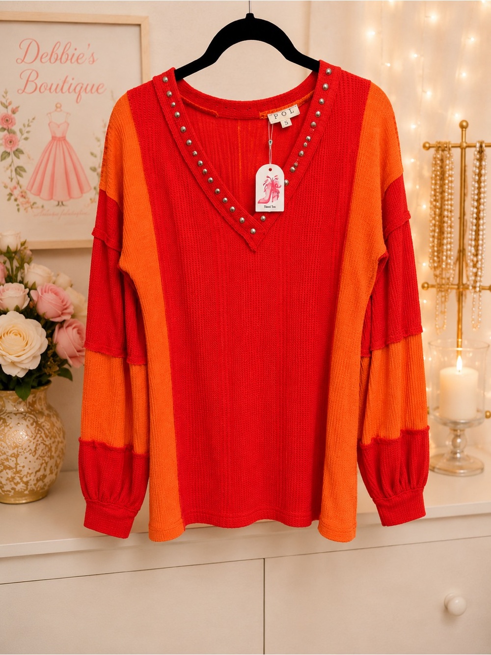 NEW POL Studded Colorblock Waffle Knit Top Boho Boutique Small